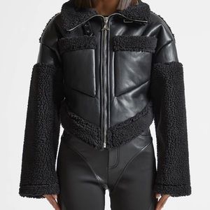 ANGULAR HEM VEGAN LEATHER BORG BIKER JACKET - BLACK - NWT - Size 8 US